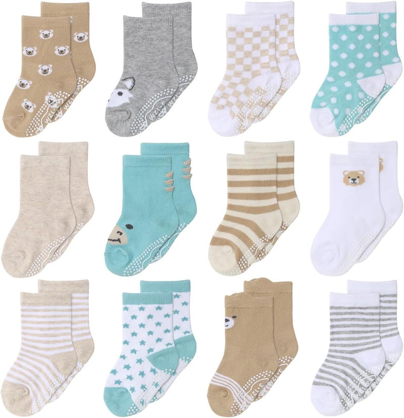 The Peanut Shell Organic Baby Unisex Socks 0-24 Months Set of 12 Non-Slip Grip Soft Cotton Newborn & Toddler Socks - Gray Mint - Image 1